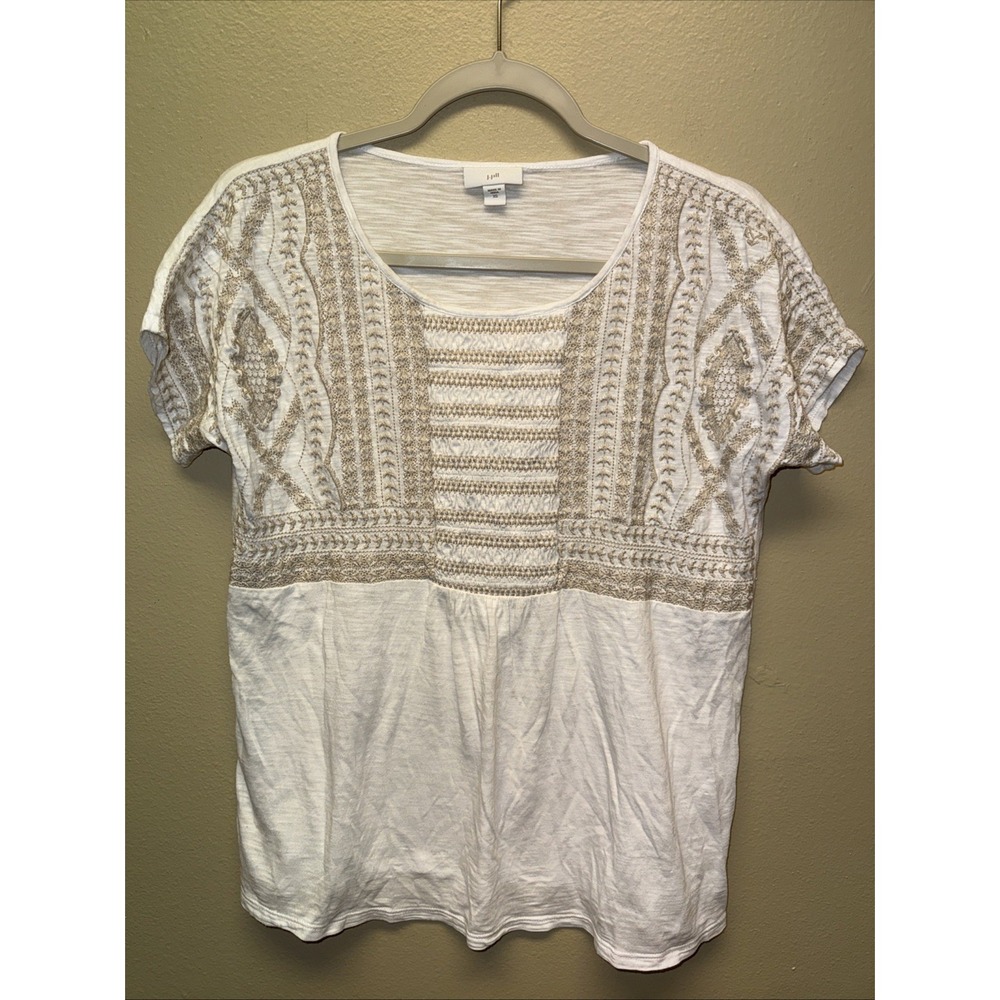 J. Jill Top Smocked Embroidered Slub White Tan Short Sleeve Size XS Boho Fairy